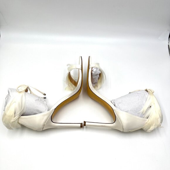 Nina Womens 6 Ivory White Satin Feather Embellished Heels Dress Sandals Shoes - Picture 7 of 14